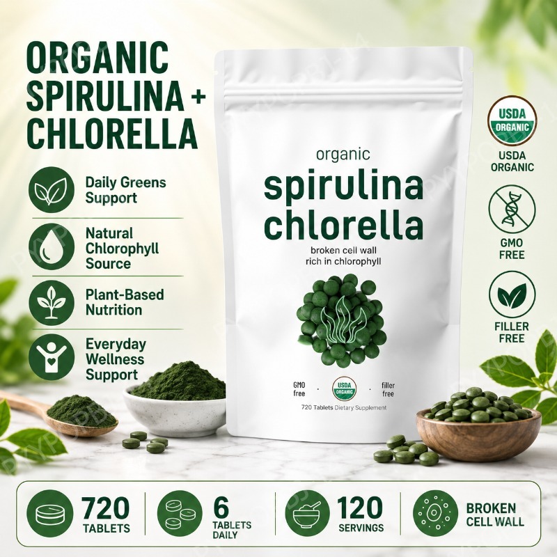 Spirulina Tablet Organic - Tabletas de Espirulina y Chlorella Orgánicas,